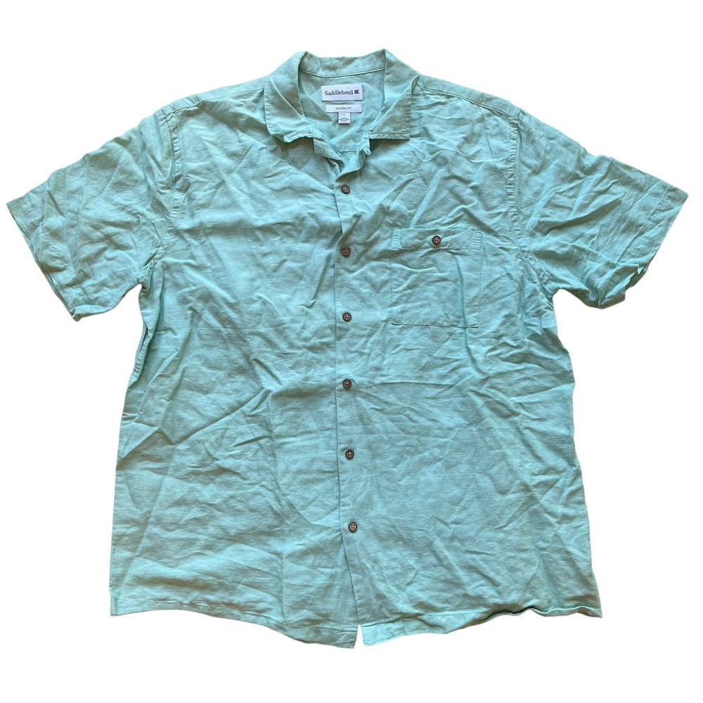 Saddlebred Men's Size L Classic Fit Sea Green Button Up Short Sleeve Linen Blend